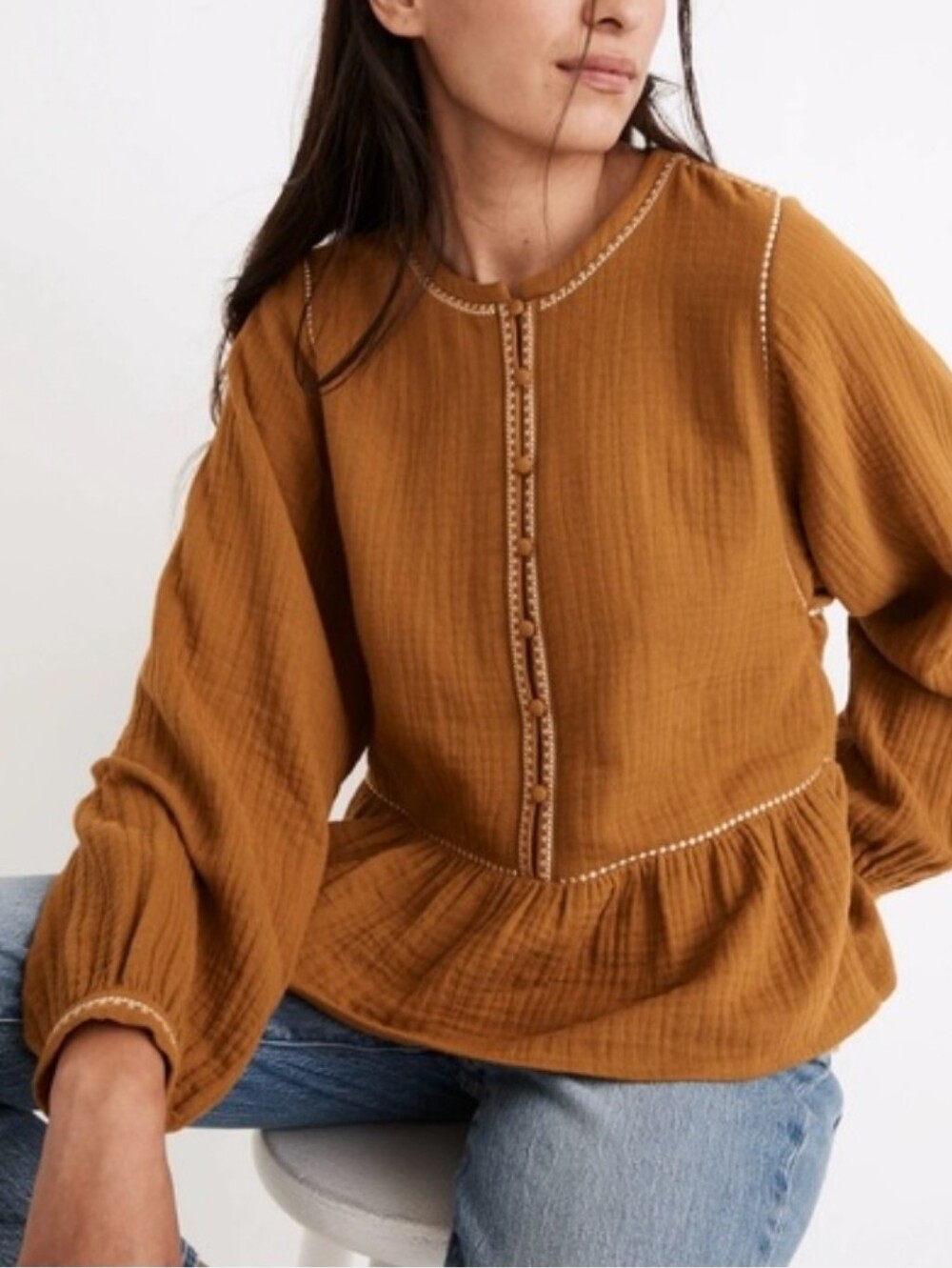 Madewell Lightspun Mustard Yellow Peasant Top XS Cotton Embroidered